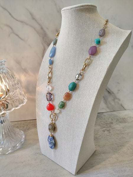 Lucite & Stone Mixed Materials Statement Necklace 32 Inch – Lot P10