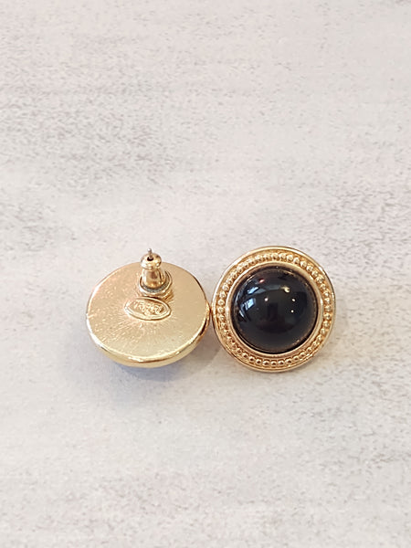 Vtg TRIFARI Black Button Style Earrings Signed Gold Tone Pierced – Lot P122