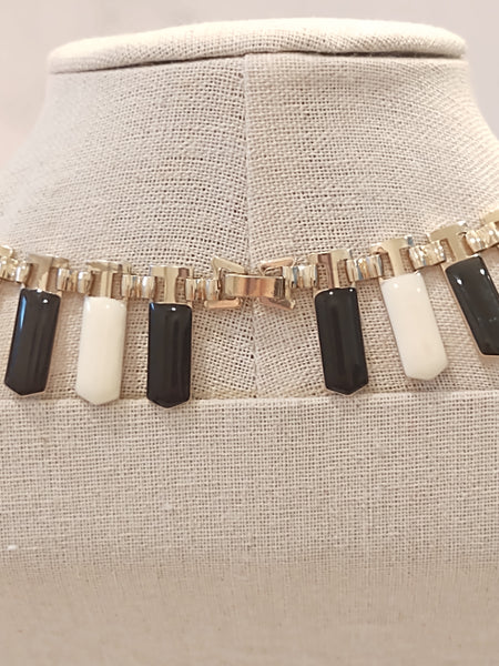 Vintage Black White Enamel Piano Keys Gold Tone Necklace 17" – P99