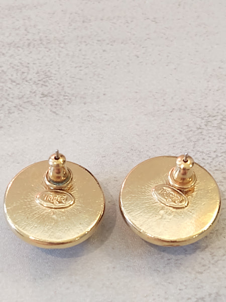 Vtg TRIFARI Black Button Style Earrings Signed Gold Tone Pierced – Lot P122