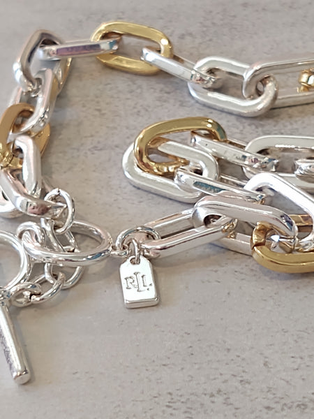 Vtg Ralph Lauren RLL Silver Tone & Gold Tone Chain Link Choker Necklace 16 Inch Vintage – Lot P16