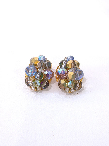 Vtg AB Cluster Clip On Earrings Gold Tone – P26